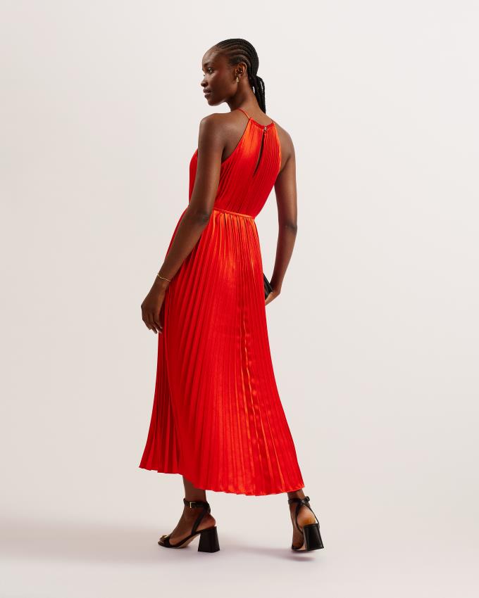 Peignoir Ted Baker Satin Pleated Halterneck Midi Rouge Femme | FMD-87535017